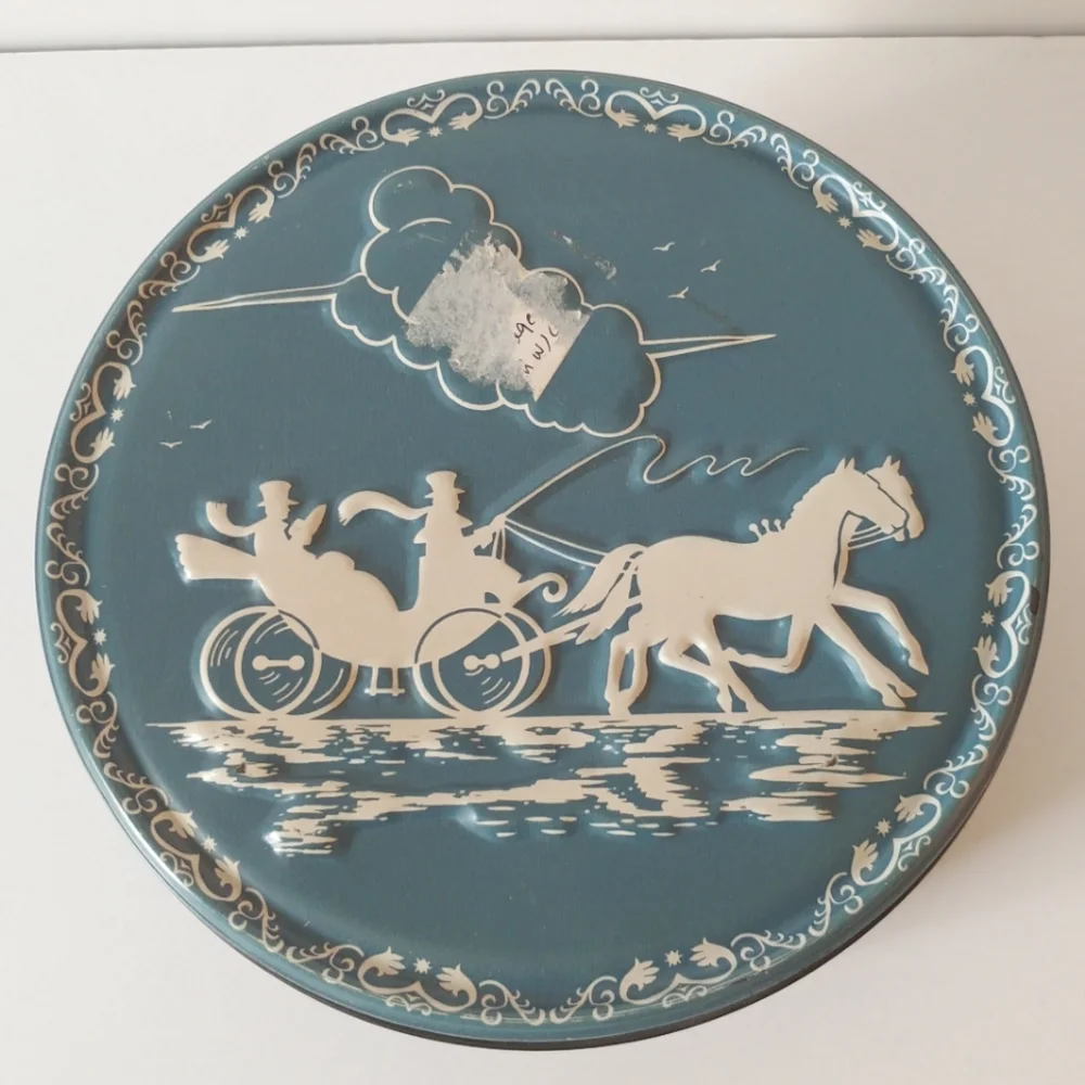 Vintage Tin Box Faux Wedgewood China Embossed Horse and Buggy Blue White